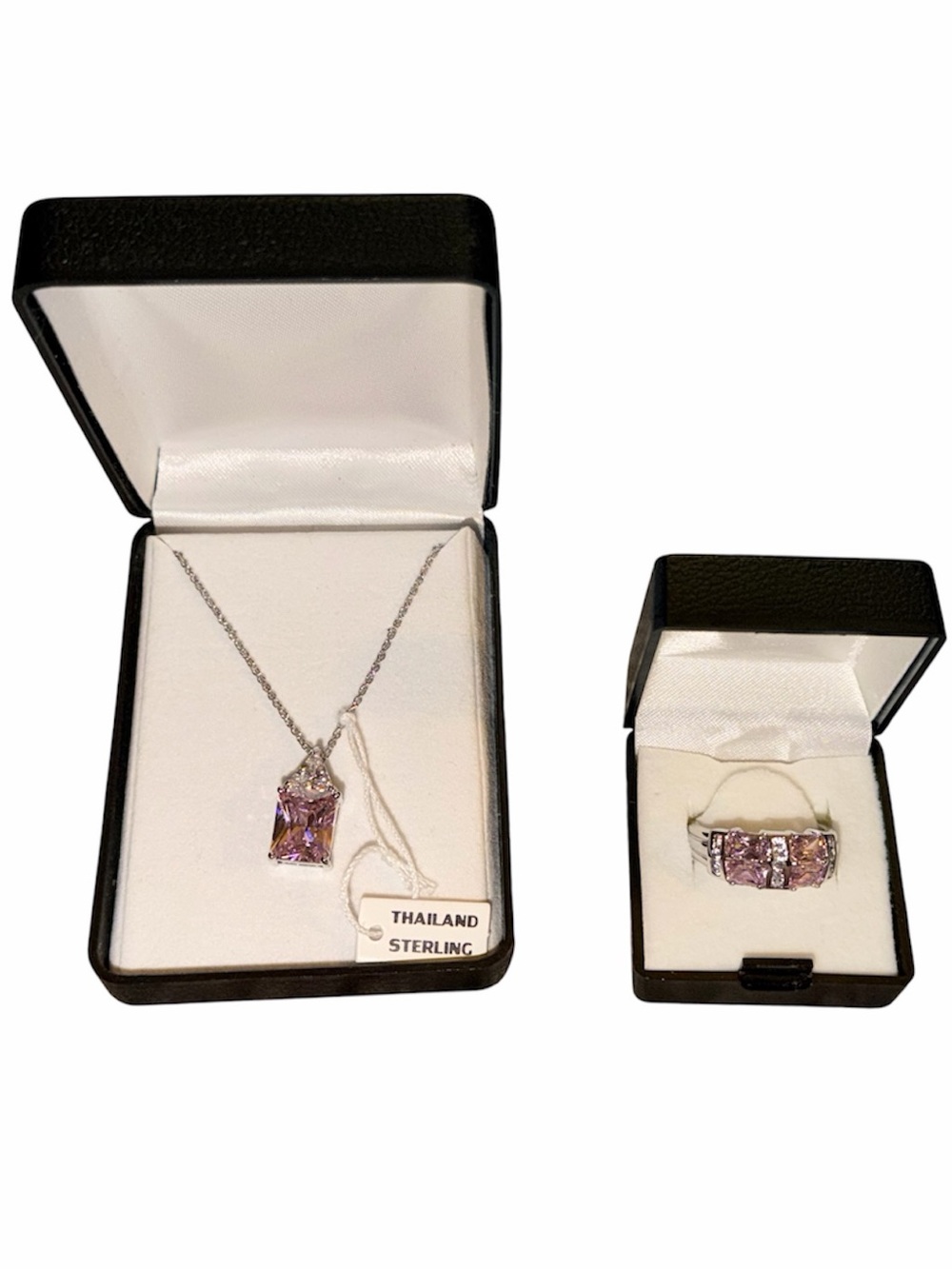 Sterling Silver Pink Crystal Necklace and Ring Set